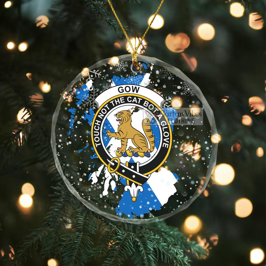 Gow Clan Crest Christmas Glass Ornament with Scotland Map Transparent Glass Circle - 2D-tartanvibesclothing