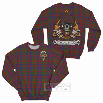 Gow Tartan Sweatshirt with Family Crest and Bearded Skull Holding Bottles of Whiskey Unisex - Tartan Vibes Clothing