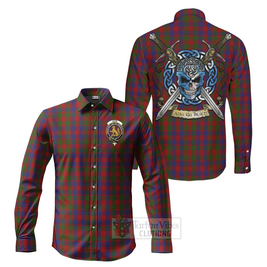 Gow Tartan Long Sleeve Button Shirt with Family Crest Celtic Skull Style Men's Shirt S - Tartan Vibes Clothing