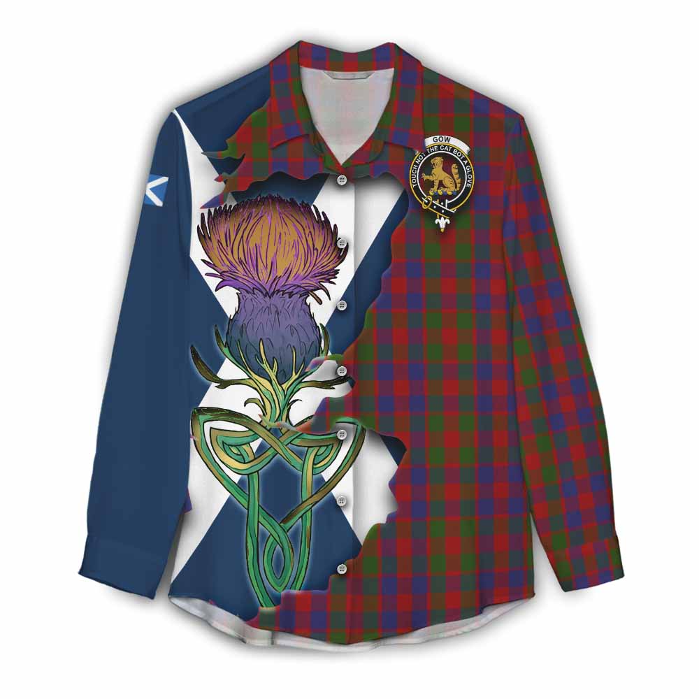 Tartan Vibes Clothing Gow Tartan Family Crest Women's Casual Shirt Scottish Thistle Celtic Inspired
