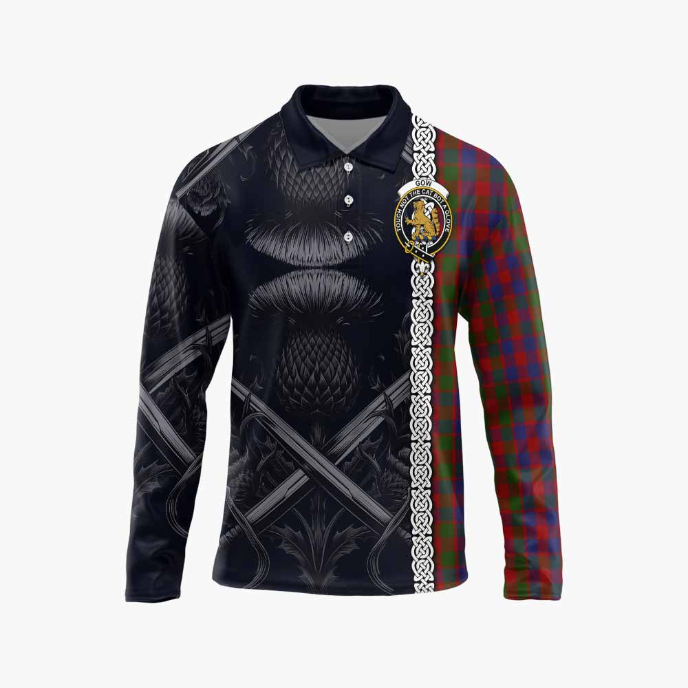 Gow Tartan Long Sleeve Polo Shirt with Family Crest Cross Sword Thistle Celtic Vibes Unisex - Tartan Vibes Clothing