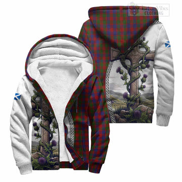 Gow Tartan Sherpa Hoodie with Family Crest and St. Andrew's Cross Accented by Thistle Vines Unisex S - Tartan Vibes Clothing