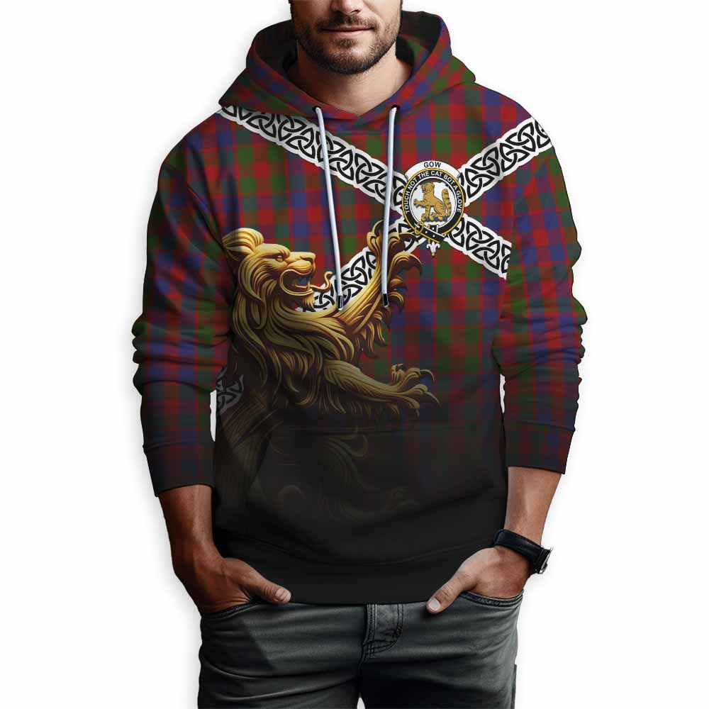 Tartan Vibes Clothing Gow Crest Tartan Hoodie with Golden Lion Emblem Celtic Style