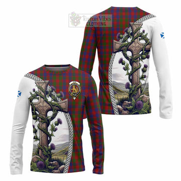 Gow Tartan Long Sleeve T-Shirt with Family Crest and St. Andrew's Cross Accented by Thistle Vines Unisex - Tartan Vibes Clothing