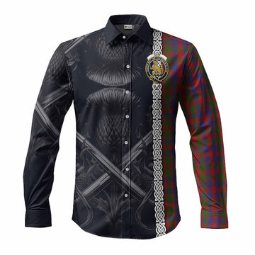 Tartan Vibes Clothing Gow Tartan Long Sleeve Button Shirt with Family Crest Cross Sword Thistle Celtic Vibes