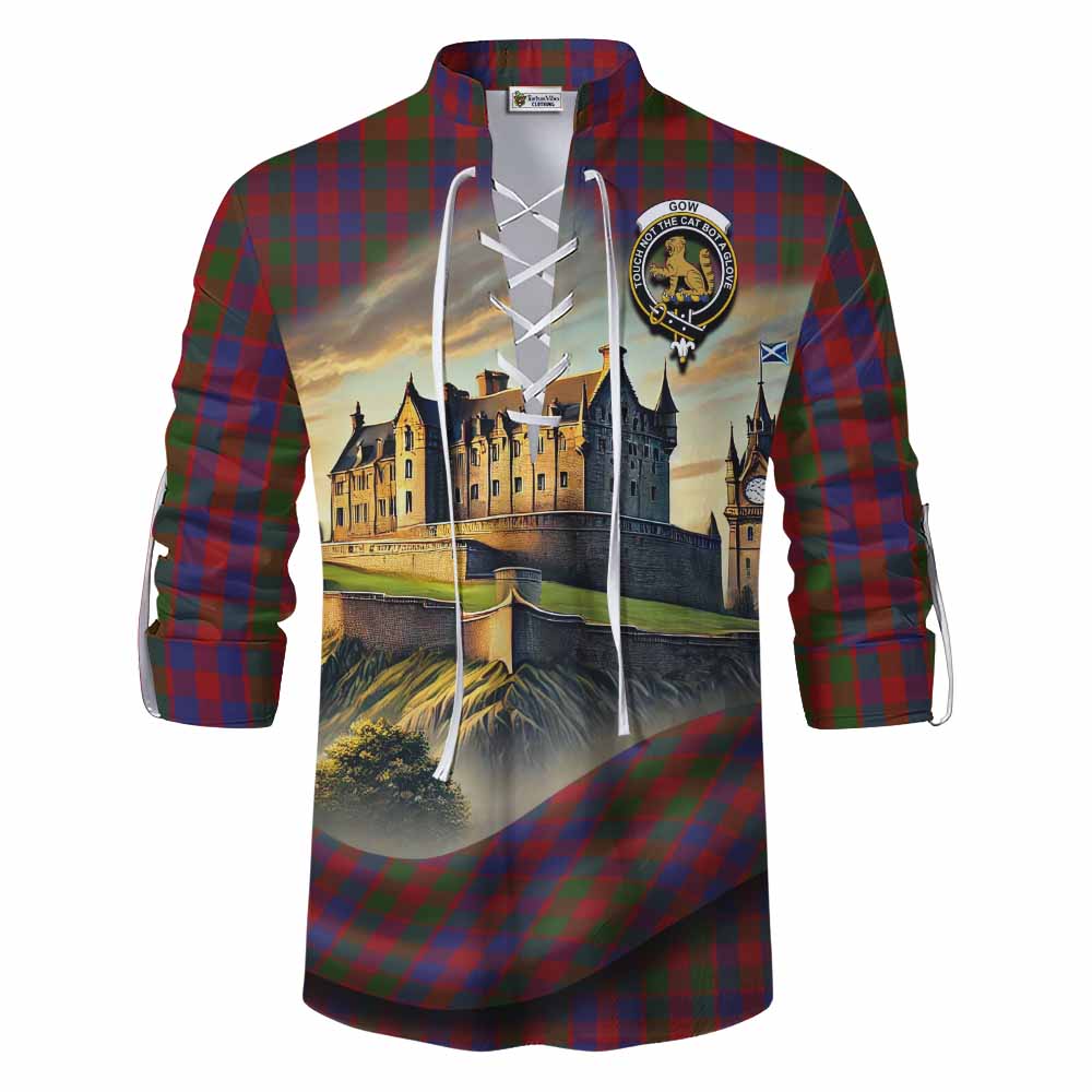 Gow Tartan Family Crest Ghillie Kilt Shirt with Scottish Ancient Castle Style Men - Tartan Vibes Clothing