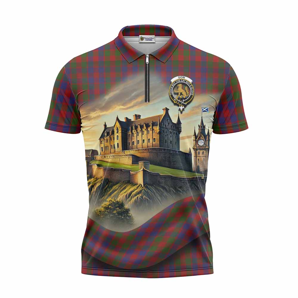 Gow Tartan Family Crest Zipper Polo Shirt with Scottish Ancient Castle Style Unisex - Tartan Vibes Clothing