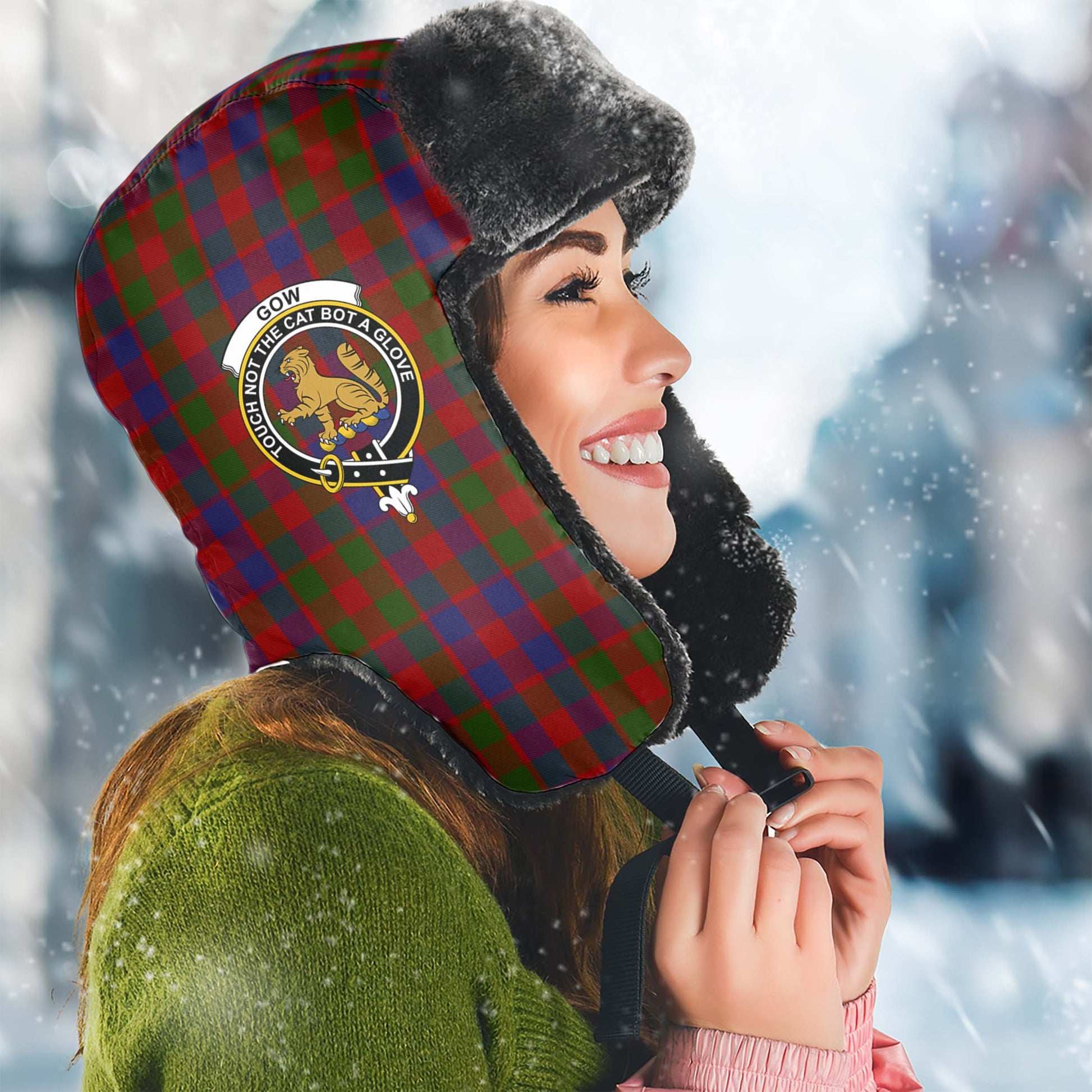 Gow Tartan Winter Trapper Hat with Family Crest Winter Trapper Hat Universal Fit Circumference 22.8in (58cm) - Tartan Vibes Clothing