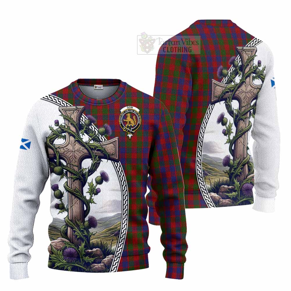 Gow Tartan Knitted Sweater with Family Crest and St. Andrew's Cross Accented by Thistle Vines Unisex - Tartan Vibes Clothing
