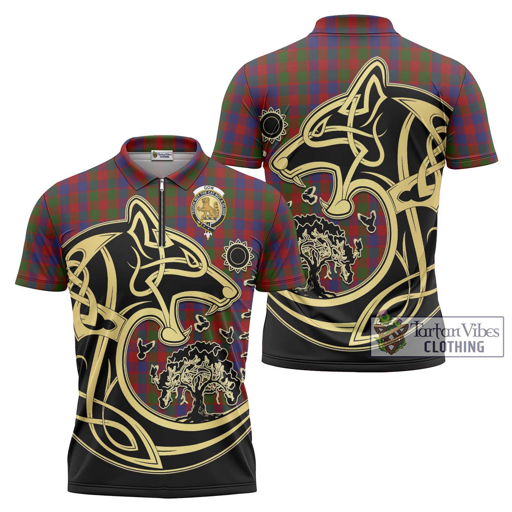 Gow Tartan Zipper Polo Shirt with Family Crest Celtic Wolf Style Unisex - Tartan Vibes Clothing