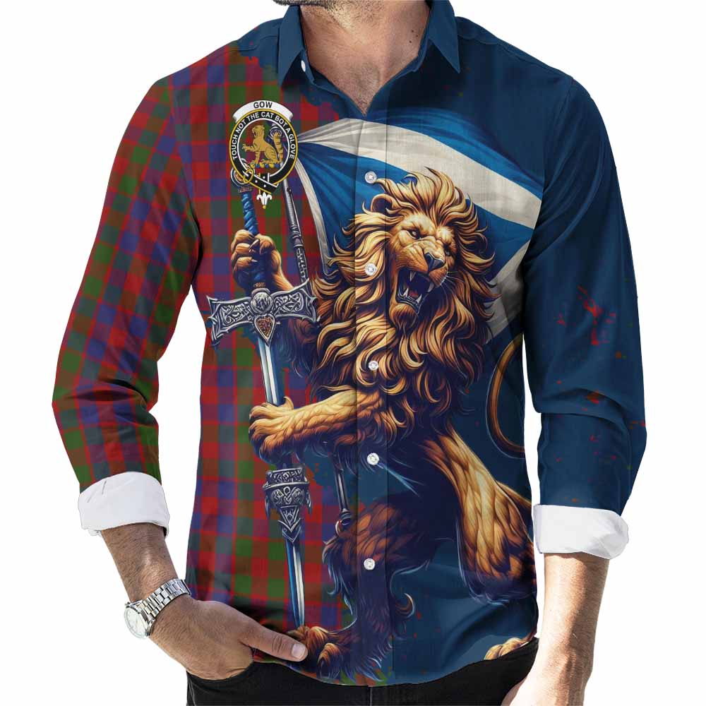 Gow Tartan Family Crest Long Sleeve Button Shirt with Scottish Majestic Lion Men's Shirt S - Tartan Vibes Clothing