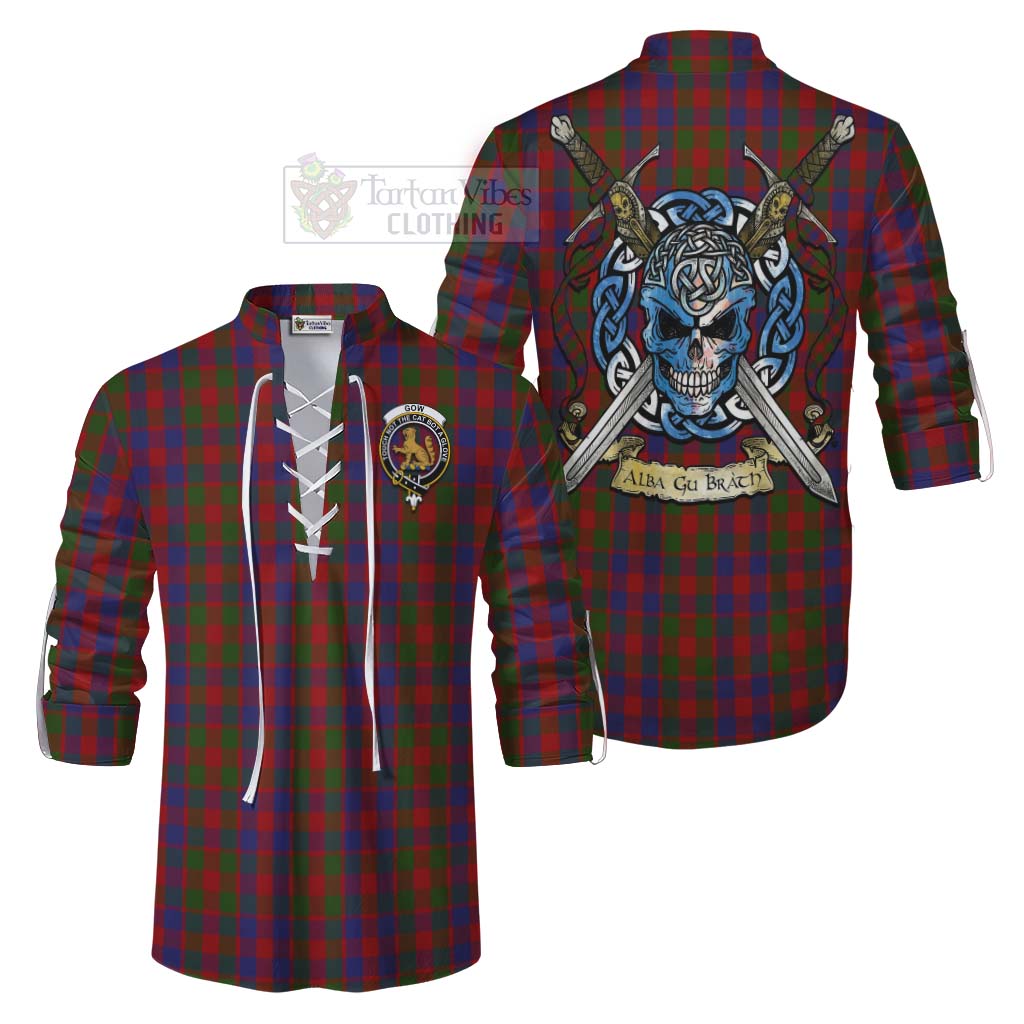 Gow Tartan Ghillie Kilt Shirt with Family Crest Celtic Skull Style Men - Tartan Vibes Clothing