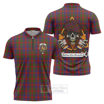 Gow Tartan Zipper Polo Shirt with Family Crest and Bearded Skull Holding Bottles of Whiskey Unisex - Tartan Vibes Clothing