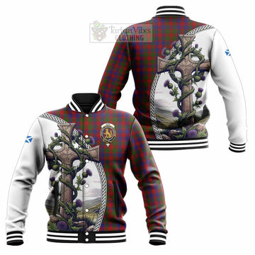 Gow Tartan Baseball Jacket with Family Crest and St. Andrew's Cross Accented by Thistle Vines Unisex - Tartan Vibes Clothing