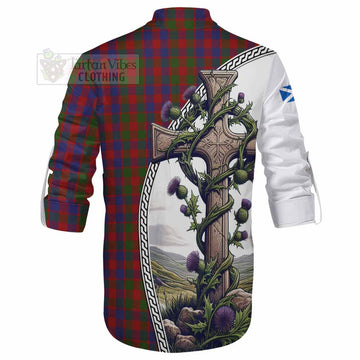 Gow Tartan Ghillie Kilt Shirt with Family Crest and St. Andrew's Cross Accented by Thistle Vines - Tartan Vibes Clothing