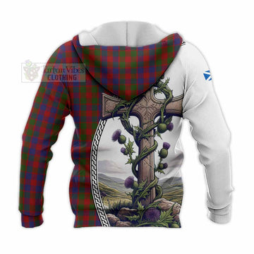 Gow Tartan Knitted Hoodie with Family Crest and St. Andrew's Cross Accented by Thistle Vines - Tartan Vibes Clothing