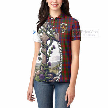 Gow Tartan Women's Polo Shirt with Family Crest and St. Andrew's Cross Accented by Thistle Vines - Tartan Vibes Clothing