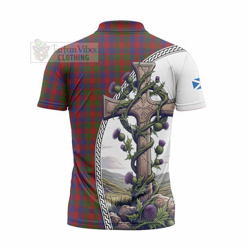 Gow Tartan Zipper Polo Shirt with Family Crest and St. Andrew's Cross Accented by Thistle Vines - Tartan Vibes Clothing