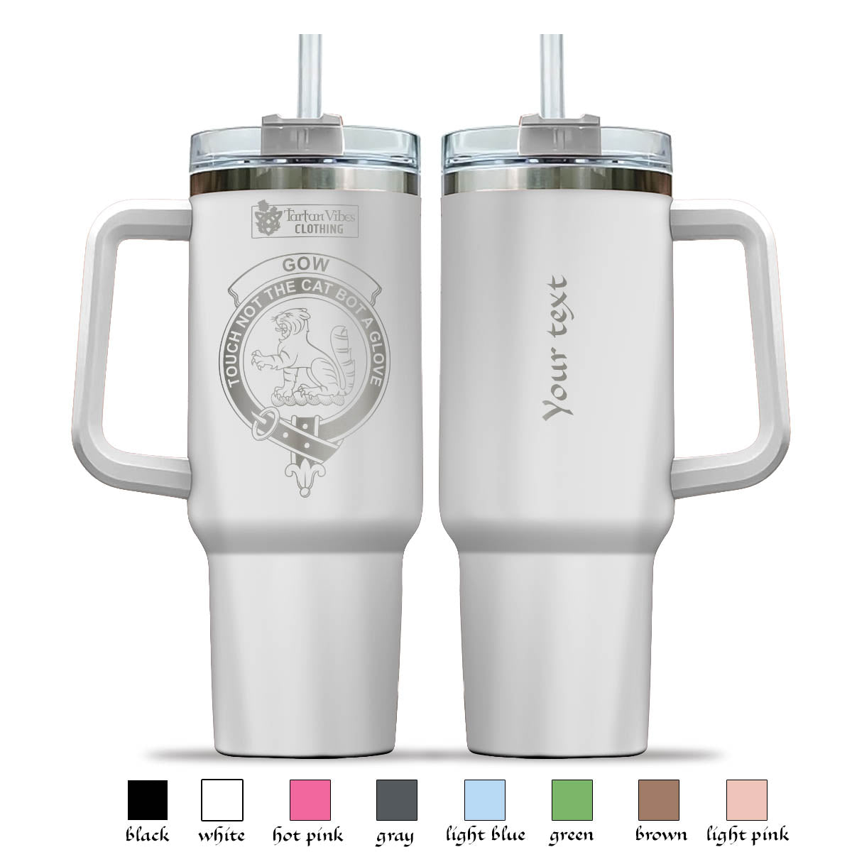Tartan Vibes Clothing Gow Engraved Family Crest Tumbler with Handle