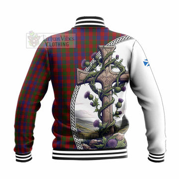 Gow Tartan Baseball Jacket with Family Crest and St. Andrew's Cross Accented by Thistle Vines - Tartan Vibes Clothing