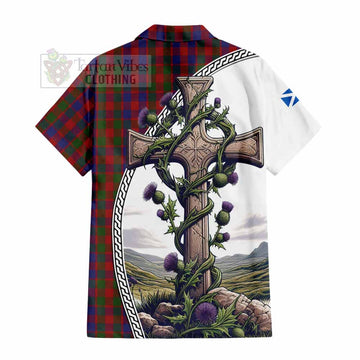 Gow Tartan Hawaiian Shirt with Family Crest and St. Andrew's Cross Accented by Thistle Vines - Tartan Vibes Clothing