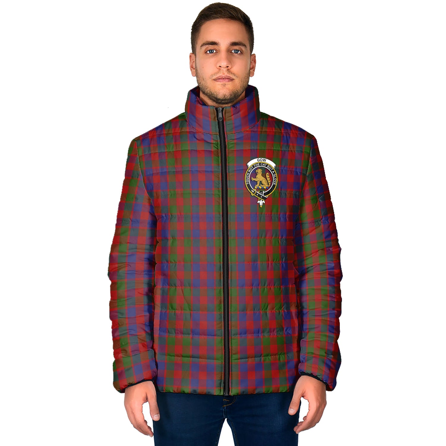 Gow Tartan Padded Jacket with Family Crest - Tartan Vibes Clothing