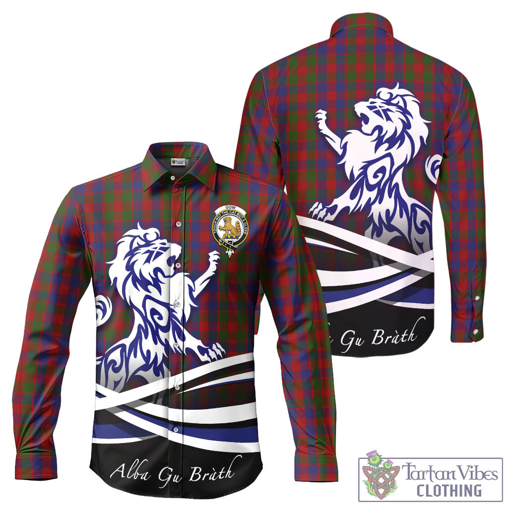 Gow Tartan Long Sleeve Button Up Shirt with Alba Gu Brath Regal Lion Emblem - Tartan Vibes Clothing