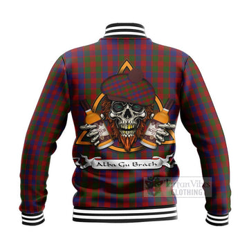 Gow Tartan Baseball Jacket with Family Crest and Bearded Skull Holding Bottles of Whiskey - Tartan Vibes Clothing