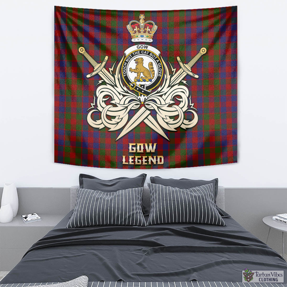 Gow Tartan Tapestry with Clan Crest and the Golden Sword of Courageous Legacy - Tartan Vibes Clothing