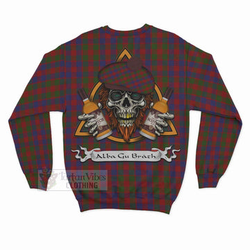Gow Tartan Sweatshirt with Family Crest and Bearded Skull Holding Bottles of Whiskey - Tartan Vibes Clothing