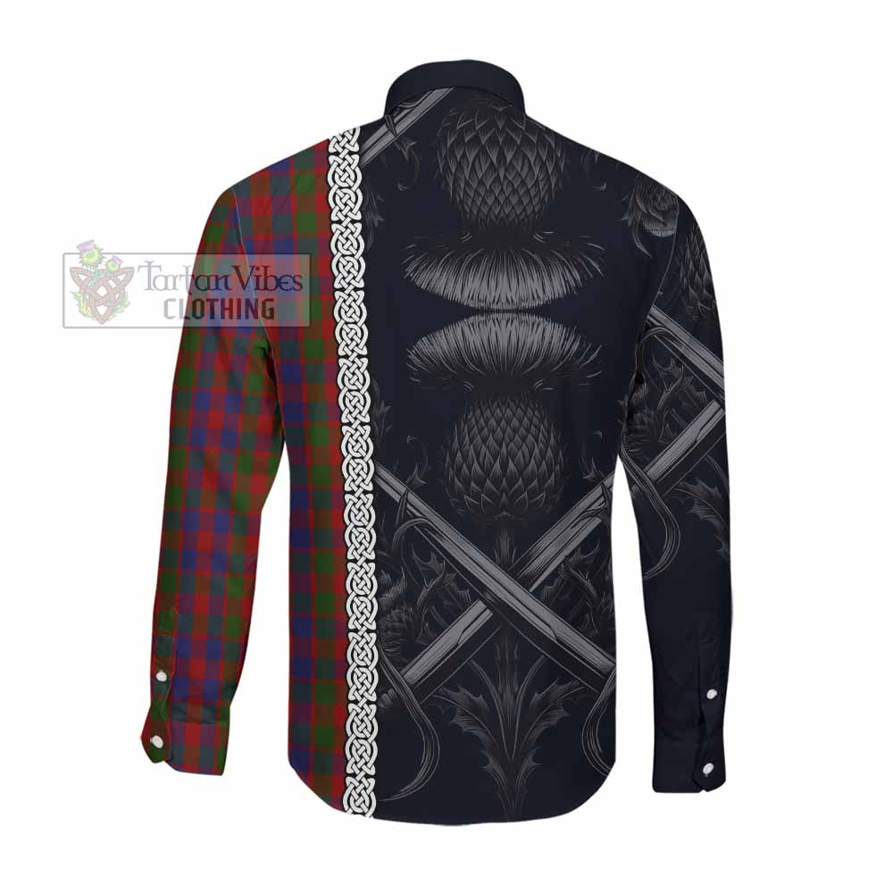 Tartan Vibes Clothing Gow Tartan Long Sleeve Button Shirt with Family Crest Cross Sword Thistle Celtic Vibes