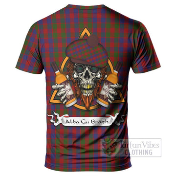 Gow Tartan T-Shirt with Family Crest and Bearded Skull Holding Bottles of Whiskey - Tartan Vibes Clothing