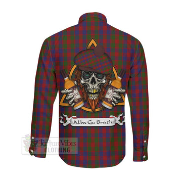 Gow Tartan Long Sleeve Button Shirt with Family Crest and Bearded Skull Holding Bottles of Whiskey Men's Shirt - Tartan Vibes Clothing