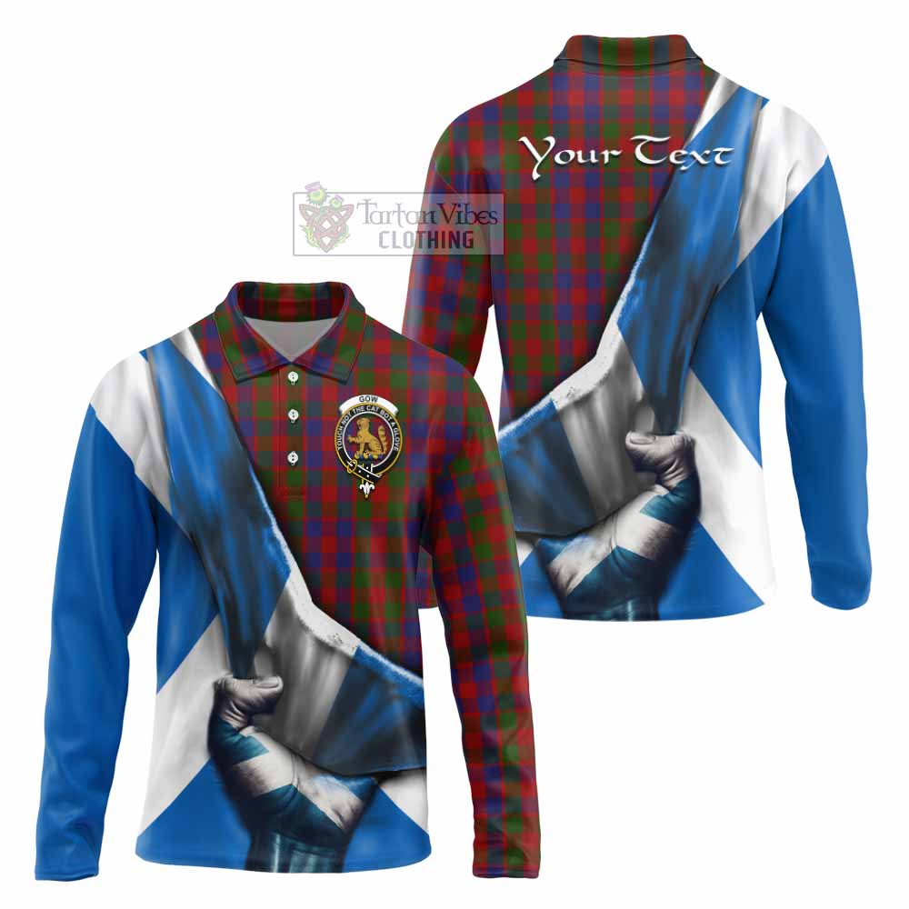 Tartan Vibes Clothing Gow Tartan Long Sleeve Polo Shirt with Family Crest Scotland Patriotic Style