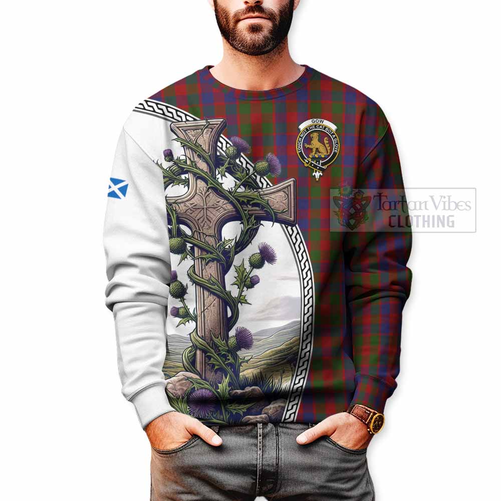 Gow Tartan Sweatshirt with Family Crest and St. Andrew's Cross Accented by Thistle Vines - Tartan Vibes Clothing