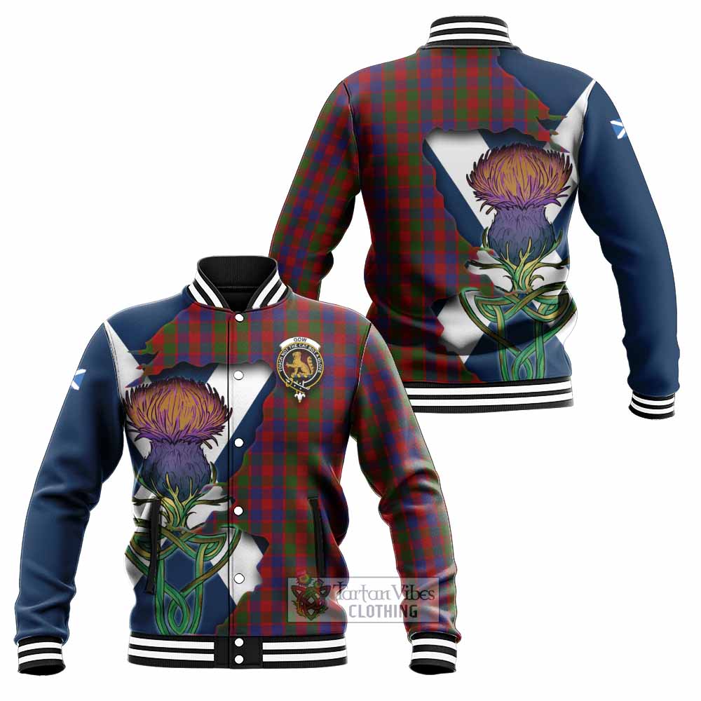 Tartan Vibes Clothing Gow Tartan Family Crest Baseball Jacket Scottish Thistle Celtic Inspired