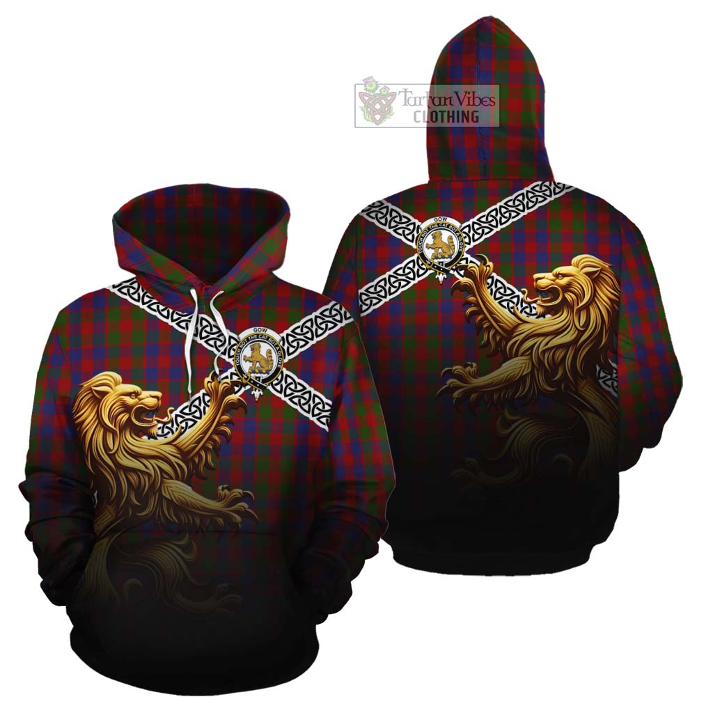 Gow Crest Tartan Cotton Hoodie with Golden Lion Emblem Celtic Style - Tartan Vibes Clothing
