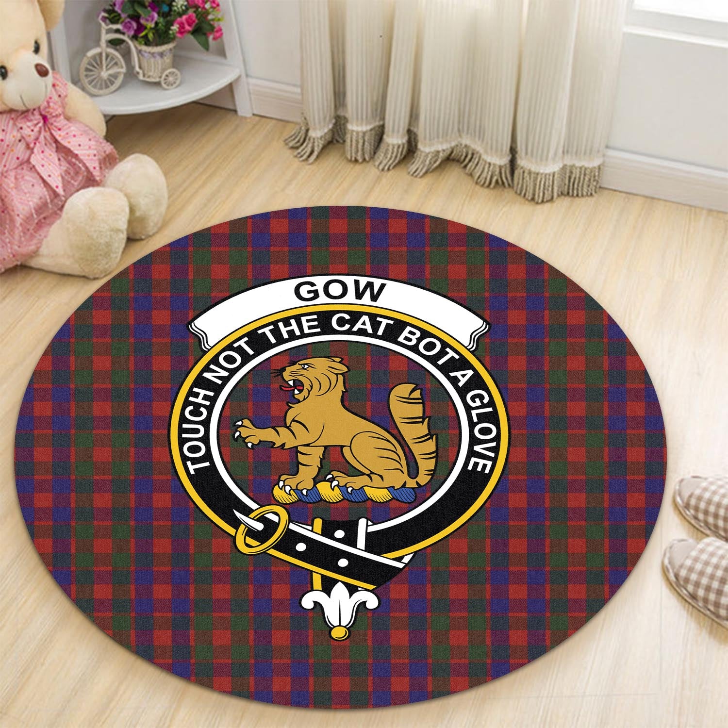 Gow Tartan Round Rug with Family Crest - Tartan Vibes Clothing