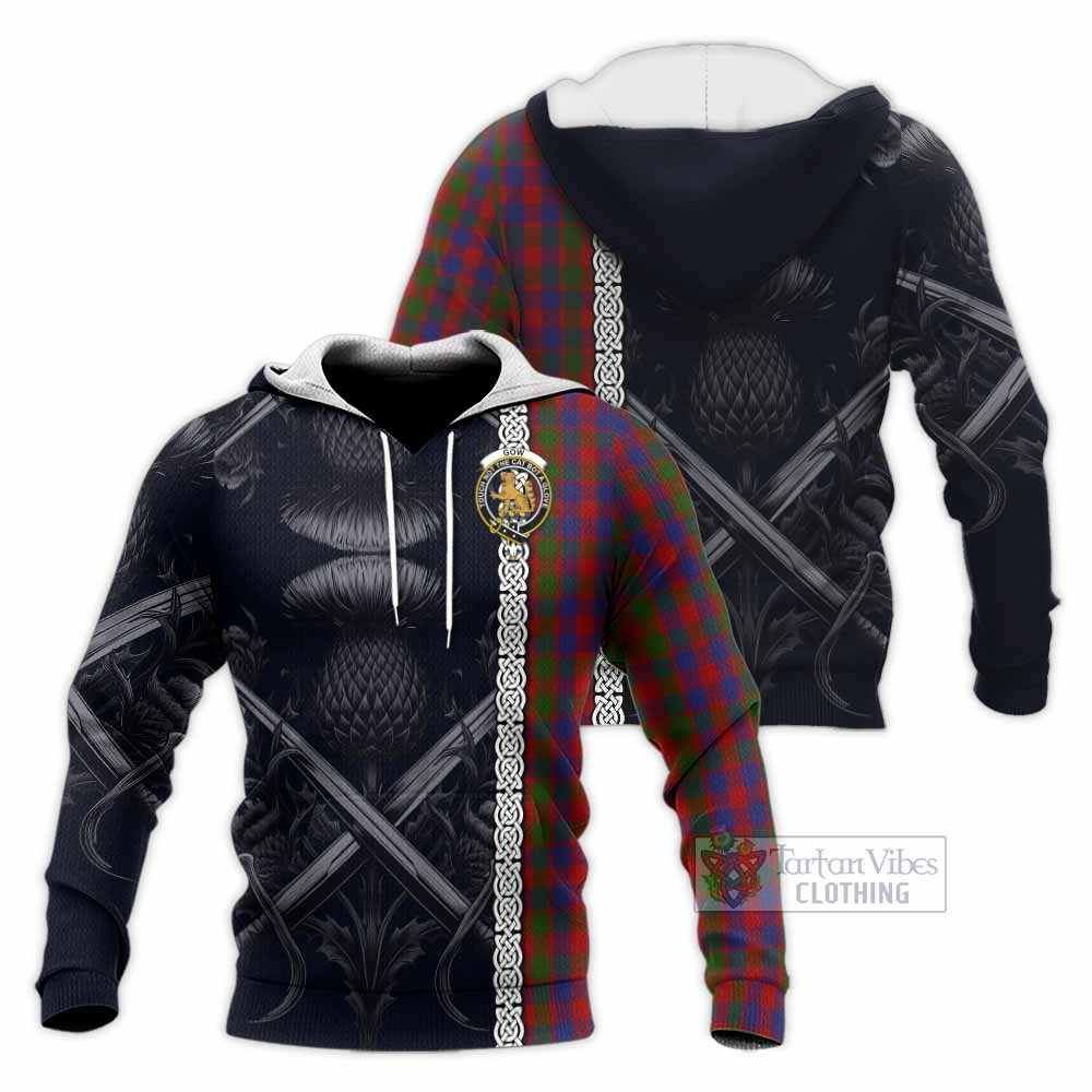 Gow Tartan Knitted Hoodie with Family Crest Cross Sword Thistle Celtic Vibes - Tartan Vibes Clothing