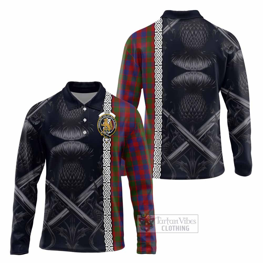 Gow Tartan Long Sleeve Polo Shirt with Family Crest Cross Sword Thistle Celtic Vibes - Tartan Vibes Clothing