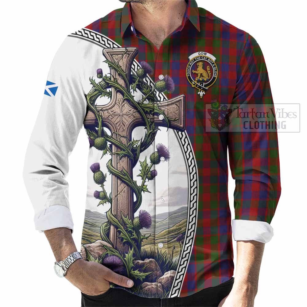 Gow Tartan Long Sleeve Button Shirt with Family Crest and St. Andrew's Cross Accented by Thistle Vines - Tartan Vibes Clothing