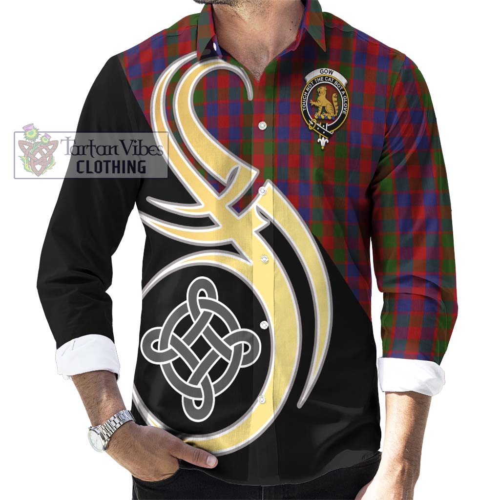 Gow Tartan Long Sleeve Button Shirt with Family Crest and Celtic Symbol Style - Tartan Vibes Clothing