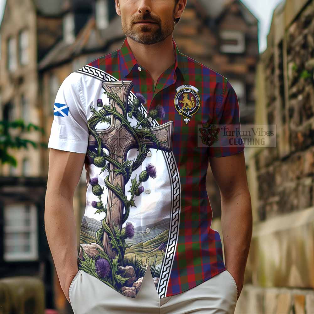 Gow Tartan Hawaiian Shirt with Family Crest and St. Andrew's Cross Accented by Thistle Vines - Tartan Vibes Clothing