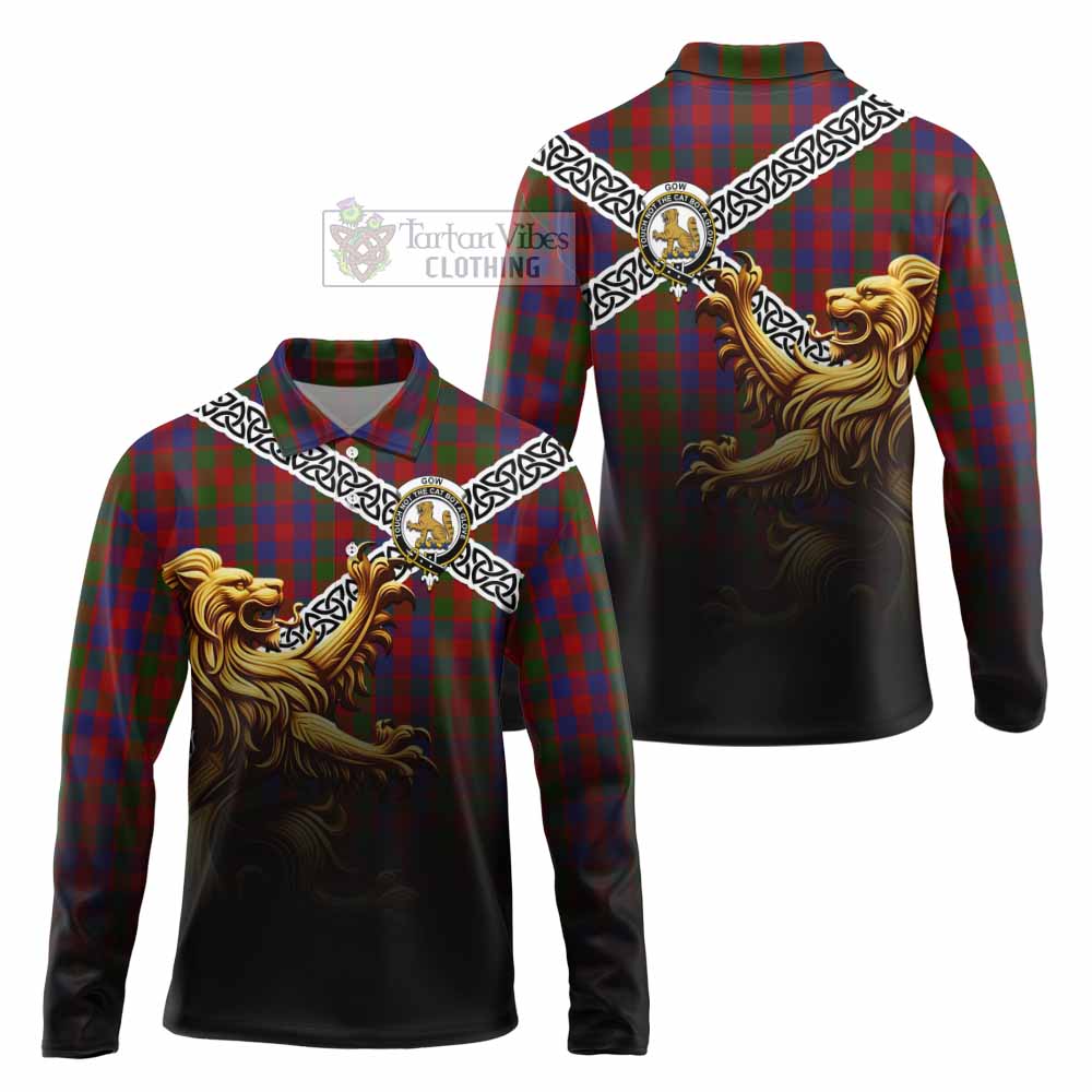 Gow Crest Tartan Long Sleeve Polo Shirt with Golden Lion Emblem Celtic Style - Tartan Vibes Clothing