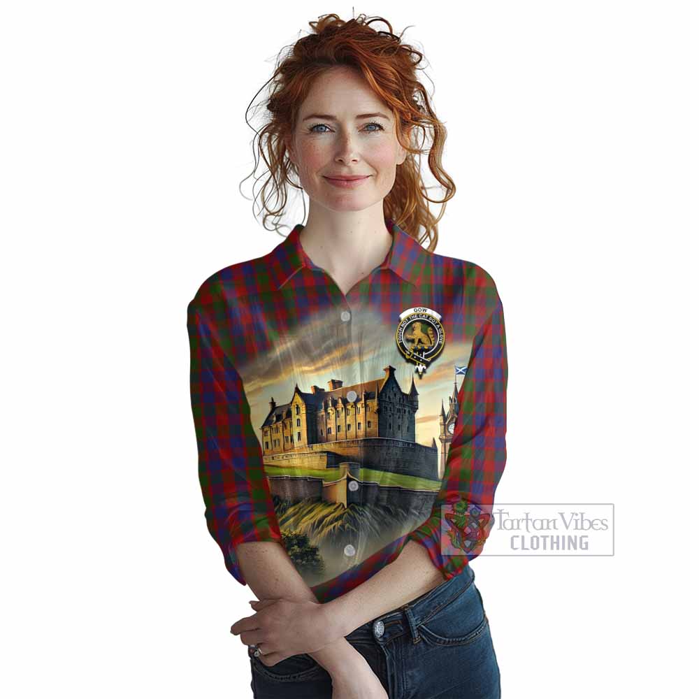 Gow Tartan Family Crest Women's Casual Shirt with Scottish Ancient Castle Style - Tartan Vibes Clothing