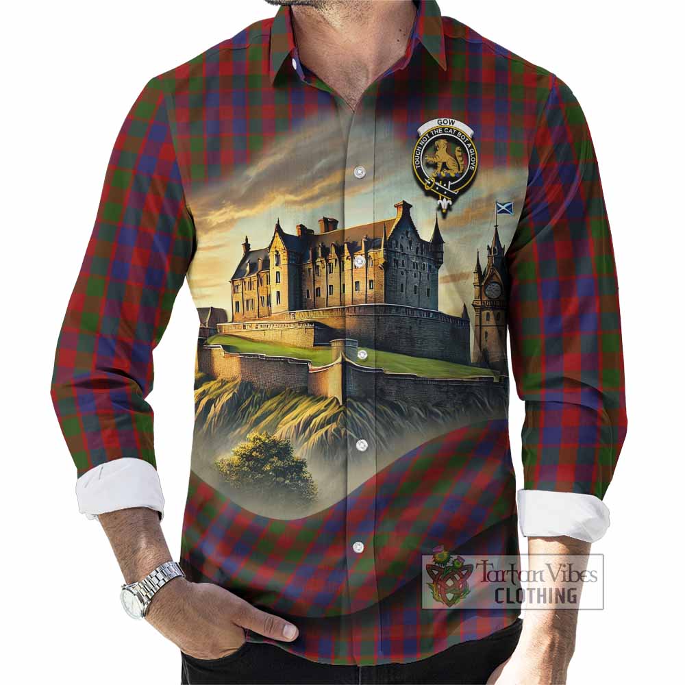 Tartan Vibes Clothing Gow Tartan Family Crest Long Sleeve Button Shirt with Scottish Ancient Castle Style