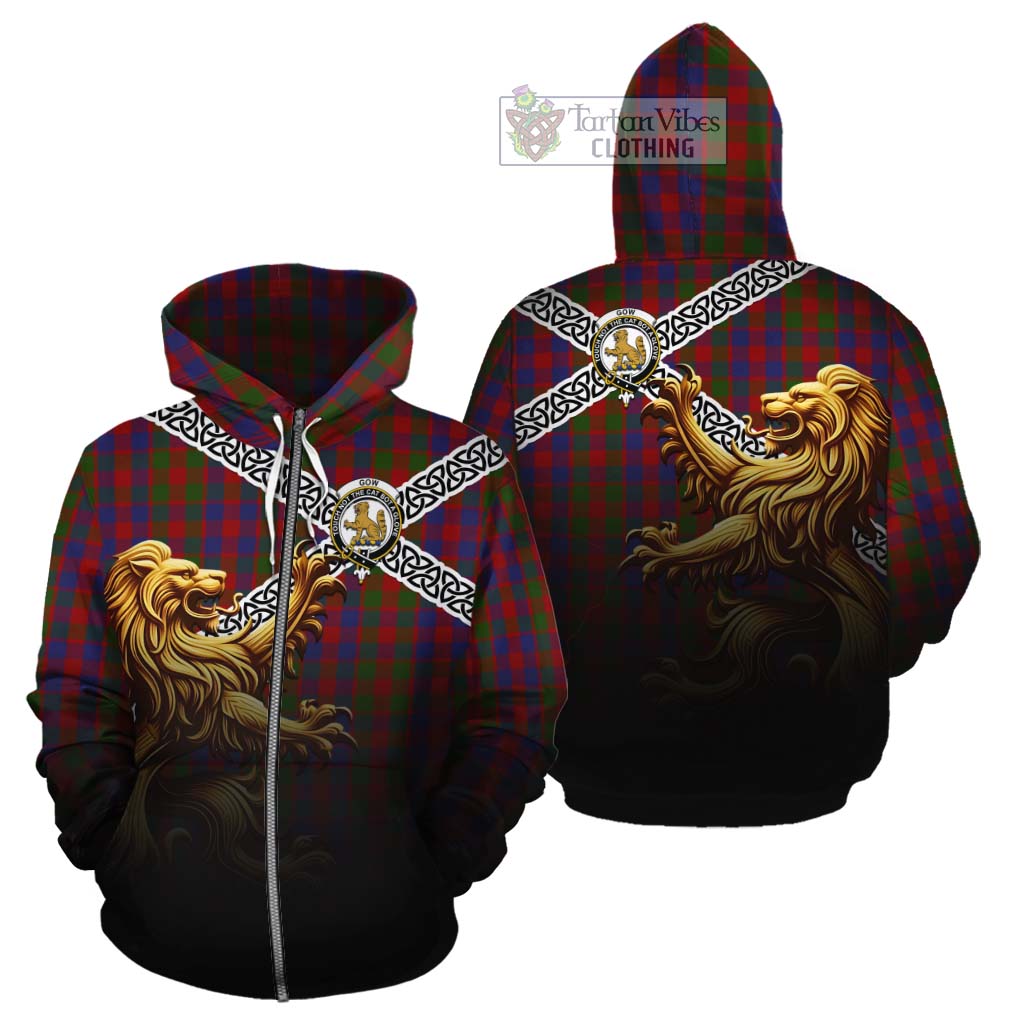Gow Crest Tartan Cotton Hoodie with Golden Lion Emblem Celtic Style Zip Hoodie - Tartan Vibes Clothing