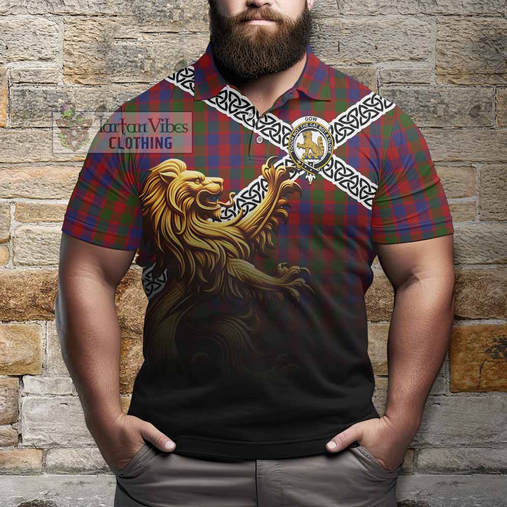 Gow Crest Tartan Polo Shirt with Golden Lion Emblem Celtic Style - Tartan Vibes Clothing