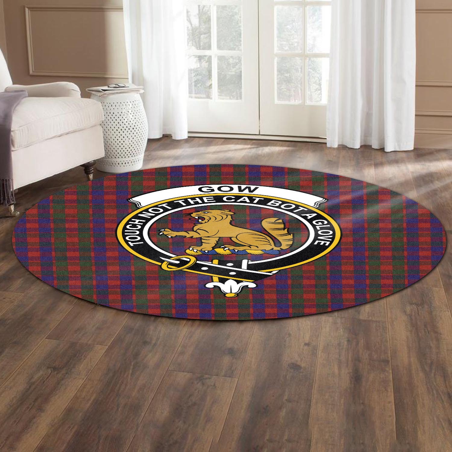 Gow Tartan Round Rug with Family Crest - Tartan Vibes Clothing
