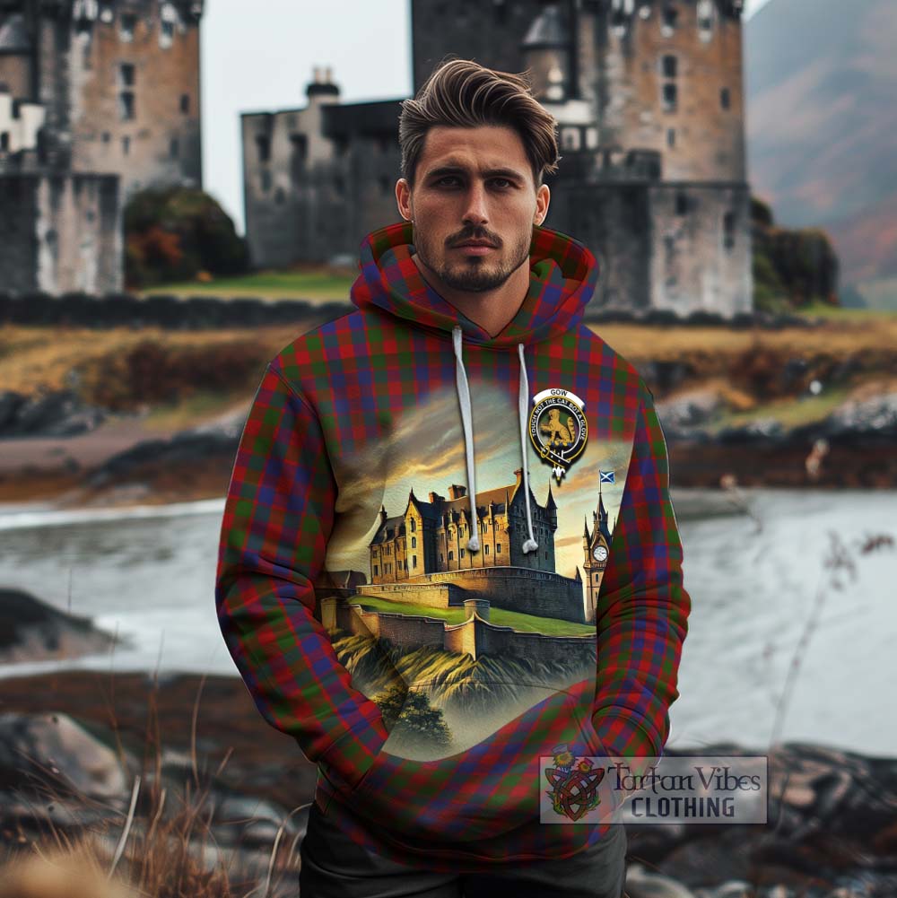 Gow Tartan Family Crest Cotton Hoodie with Scottish Ancient Castle Style - Tartan Vibes Clothing
